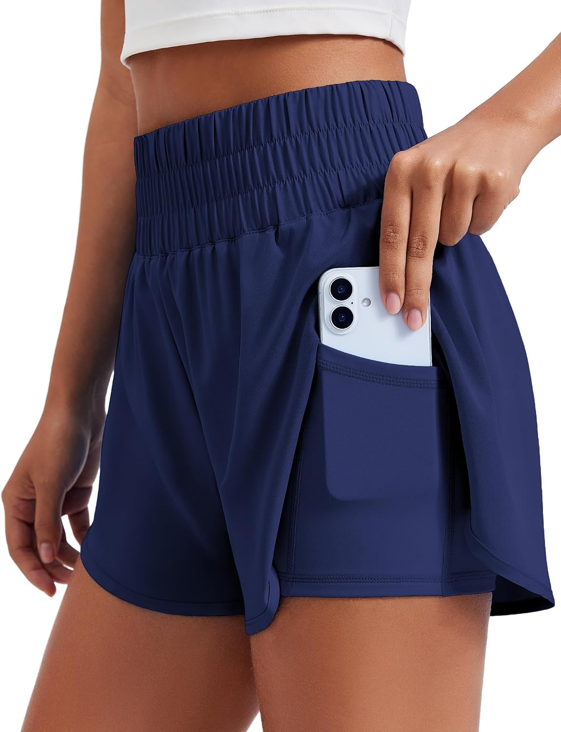 PINSPARK Women's 2 in 1 Running Shorts High-Split Athletic 3" Liner Short