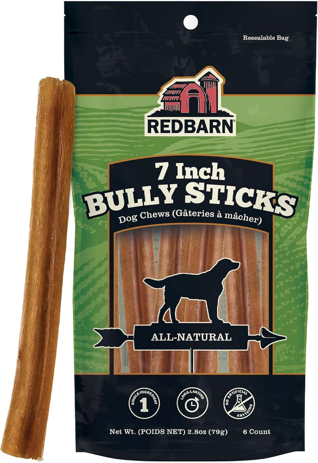Redbarn Premium Bully Sticks for Dogs - 7 Inch, 6 Count - Long Lasting, Rawhide-Free, Slow Roasted, Low Odor & Highly Digestible, Single Ingredient Chews & All-Natural Dental Treats for Chewers