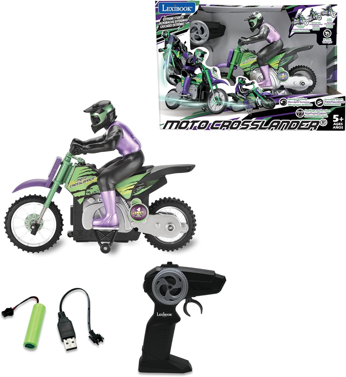 LEXiBOOK RC18, Crosslander Radio Road Motorcycle, up to 12km/h, Perfect Balance, Light Effects, Crazy skids, Fast Acceleration, Ergonomic Remote Control, Rechargeable