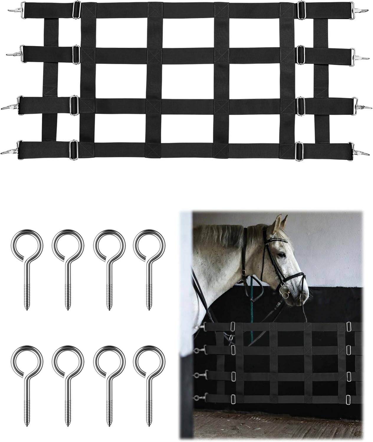 Harrison Howard Adjustable Horse Stall Guard Poly 4 Slat Door Guard for Horse Barns Sturdy Webbing Grid Design Stall Guard Black