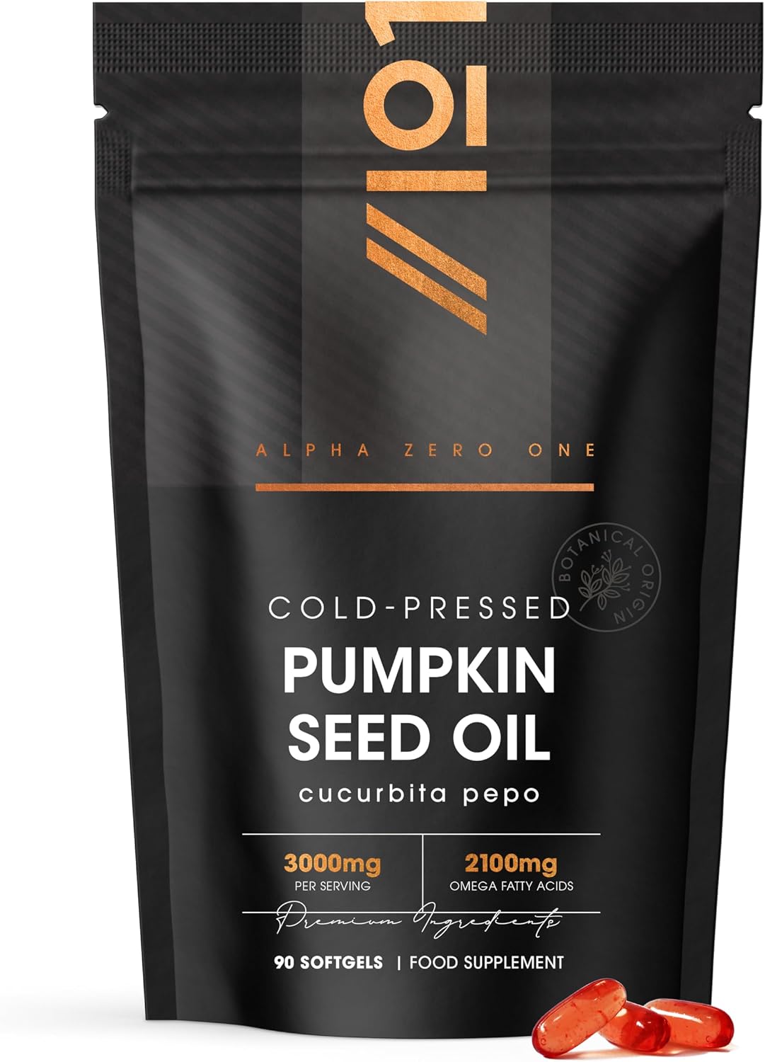Pumpkin Seed Oil 3000mg – 70% Linoleic & Oleic Acid – 90 Softgels – 100% Cold Pressed – No Additives – Resealable and Recyclable Pouch by Alpha01