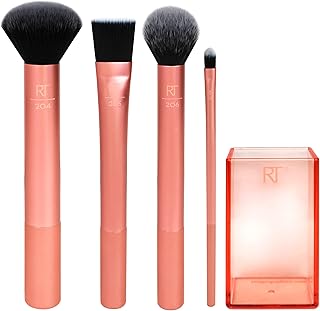 Real Techniques Flawless Base Brush Set With Ultra Plush Custom Cut Synthetic Bristles and Extended Aluminum Ferrules to Build Coverage for Every Makeup Application Need, Orange, 5 Piece