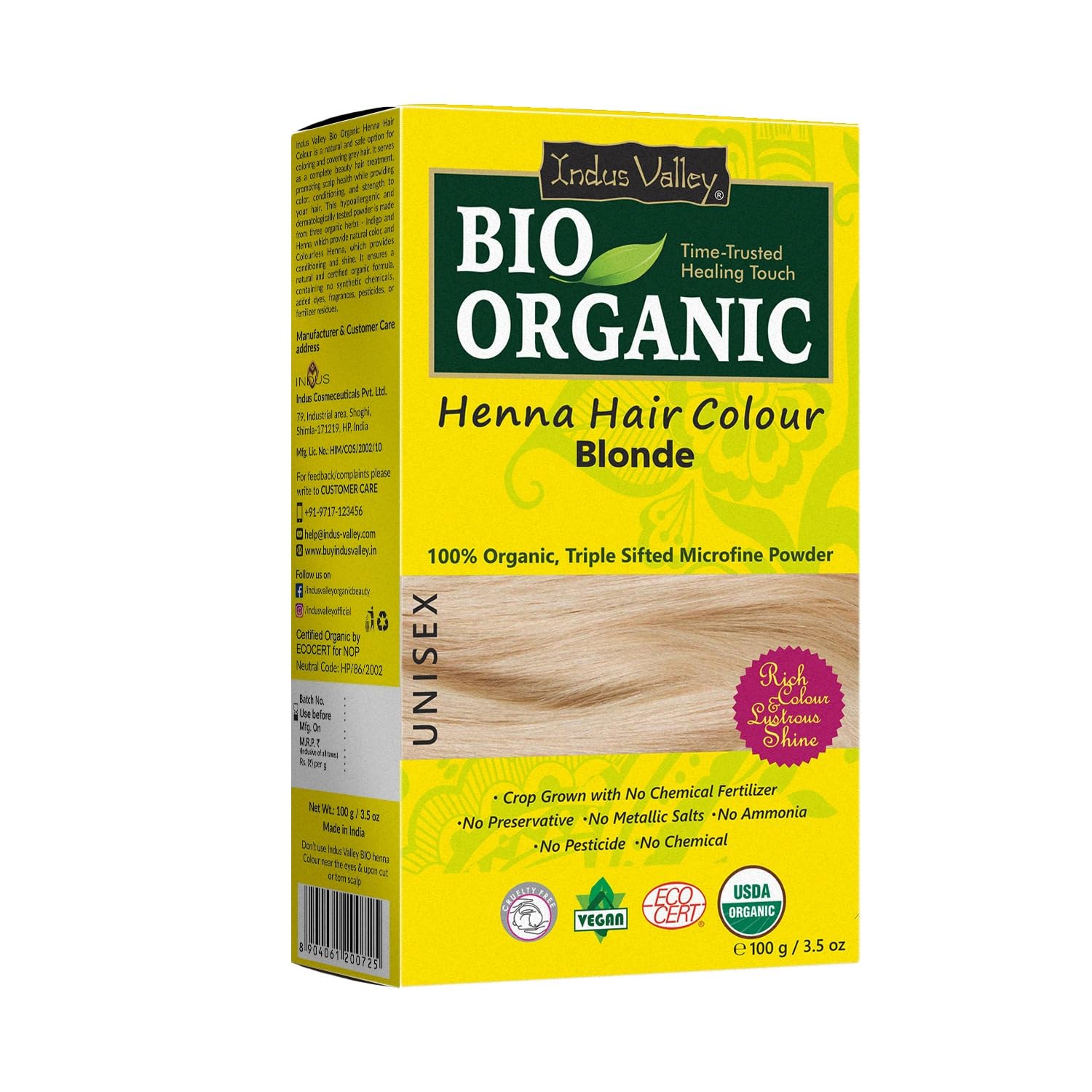 Indus Valley Bio Organic Natural Henna Hair Color For Women Blonde 100gm| 100% Gray Hair Coverage And Long Lasting Hair Dye | Vegan and Cruelty-Free I Herbal Hair Color for All Hair Types