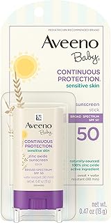 Aveeno Baby Continuous Protection Mineral Sunscreen Stick for Sensitive Skin with Broad Spectrum SPF 50 Protection for Face & Body, Naturally Sourced 100% Zinc Oxide, Travel Size, 0.47 oz