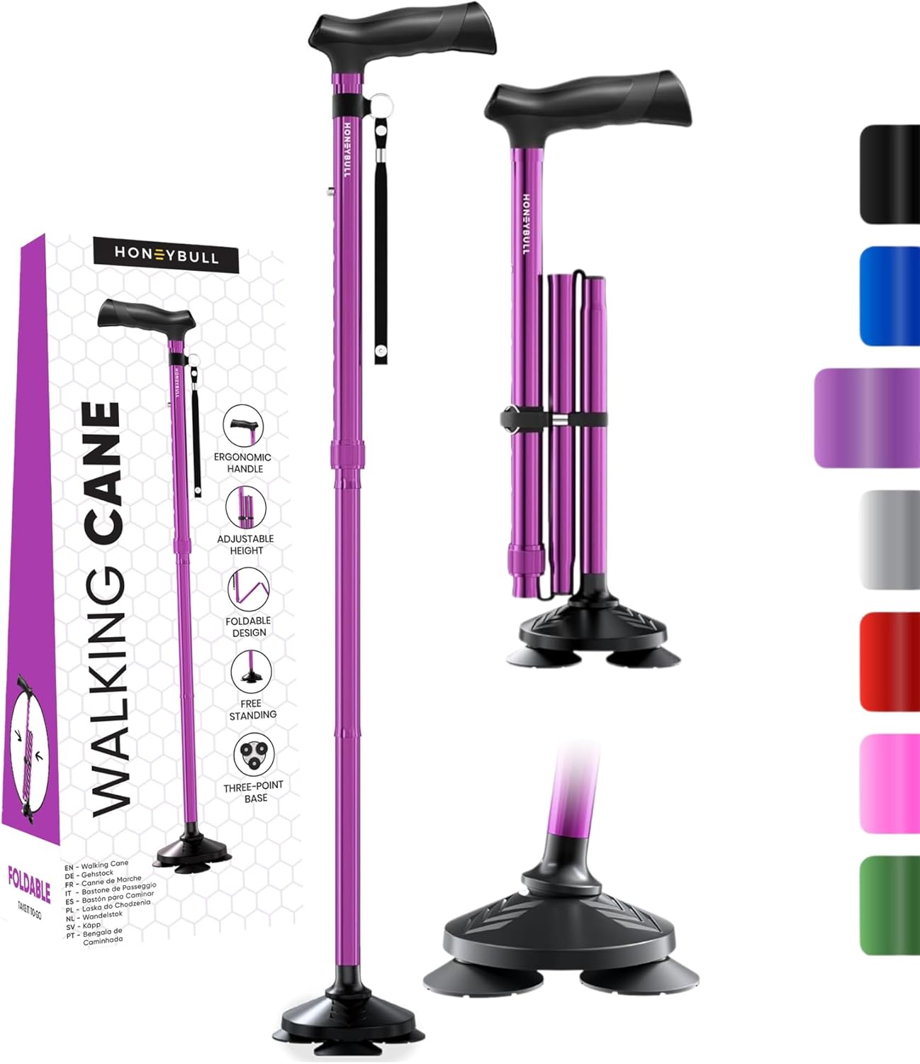 HONEYBULL Walking Cane for Men & Women - Foldable, Adjustable, Collapsible, Free Standing Cane, Pivot Tip, Heavy Duty | Walking Sticks, Folding Canes for Seniors & Adults [Purple]