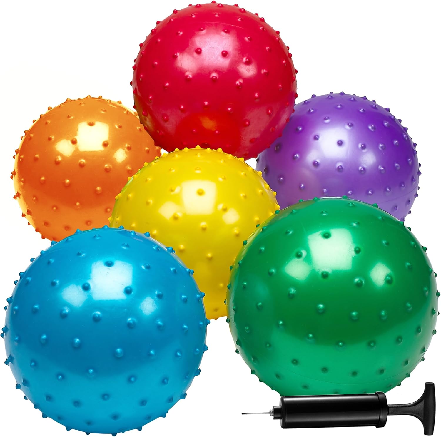 Bedwina Knobby Balls - (Pack of 6) Bulk 7 Inch Sensory and Spiky Massage Stress Balls for Toddlers, with Pump, Fun & Bouncy for Toddler, Kids Party Favors, Stocking Stuffers