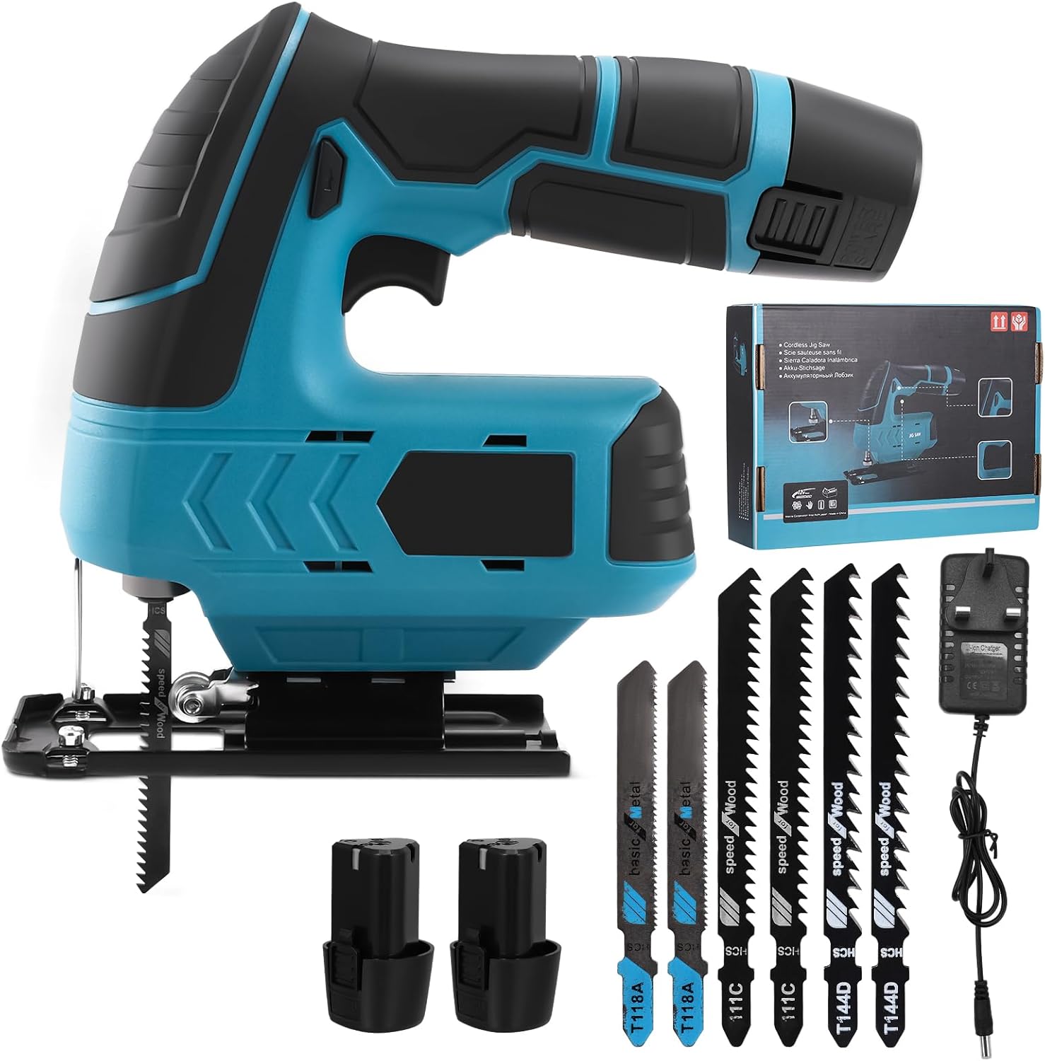 Cordless Jigsaw, 45°Bevel Cutting Angle, 3 Orbital Setting, Stepless Speed Change, Tool-Less Blade Change for Metal Cutting, Electric Jigsaw Tool Include 2 Batteries 1.3Ah 12V, Fast Charger, 6 Blades