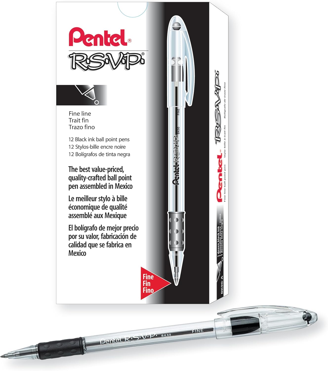 Pentel BK90A R.S.V.P. Stick Ballpoint Pen, .7mm, Trans Barrel, Black Ink, Dozen