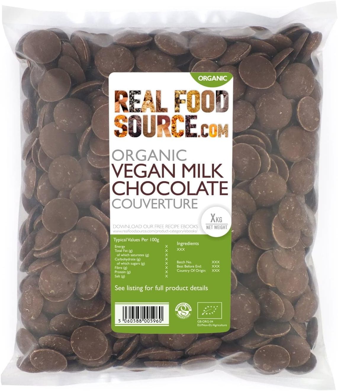 RealFoodSource Organic Vegan Milk Chocolate Couverture Drops 2kg
