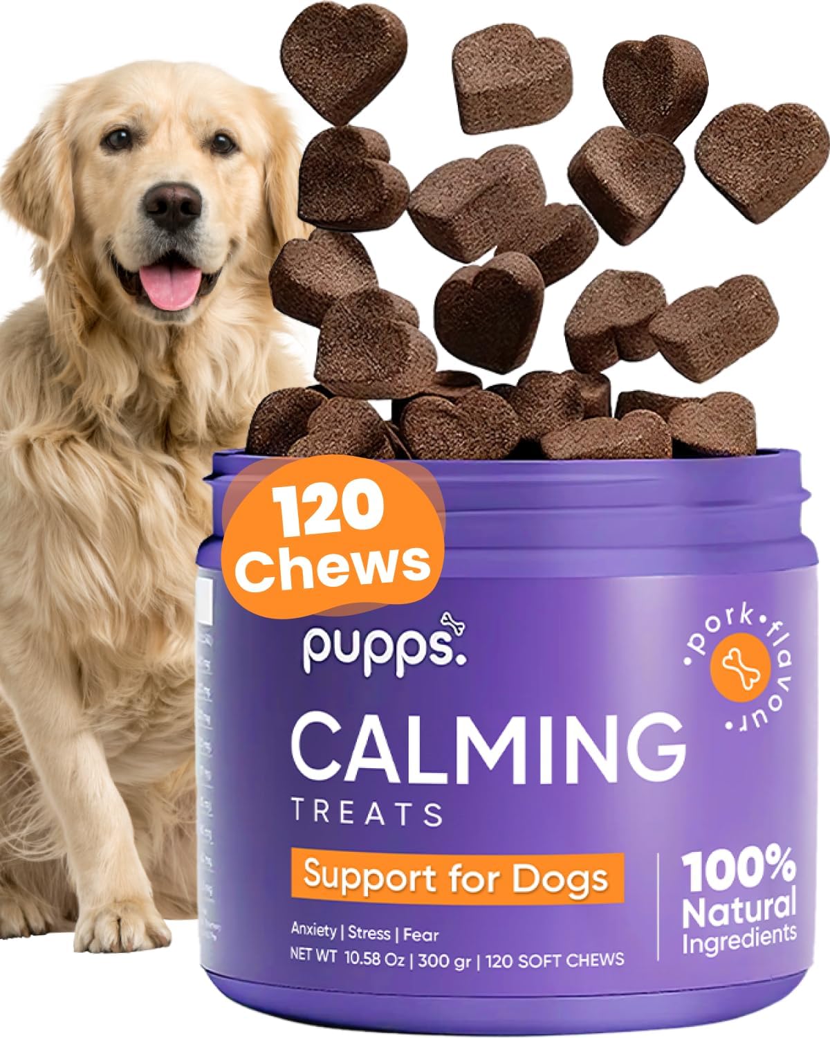 Pupps Calming Dog Treats - Natural Stress & Anxiety Relief, Vet-Approved, Perfect for Travel, Separation, Barking & Hyperactivity - 100% Delicious & Non-Drowsy Formula Natural Dog Treats