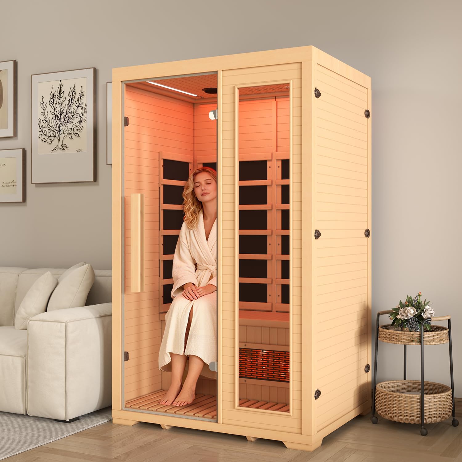 2 Person Infrared Sauna, Full Spectrum Sauna for Home, Indoor Dry Saunas with 5 Carbon Panels and 1 Carbon Tube, Oxygen Bar and 7 Color Light Strips, Canadian Hemlock,110V
