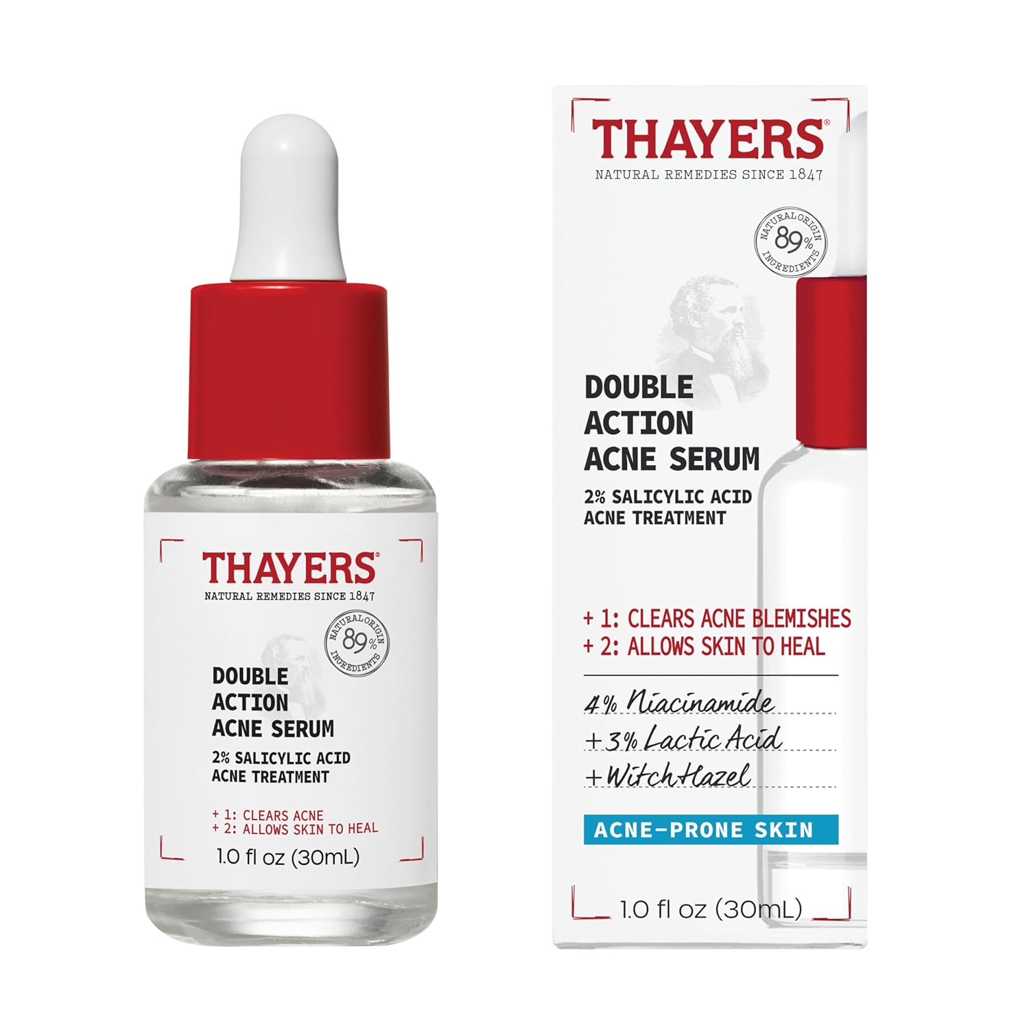Thayers Double Action Acne Serum with Salicylic Acid, Acne Treatment Face Serum with 2% Salicylic Acid and Niacinamide, Soothing and Non-Stripping Skin Care, 1 Fl Oz
