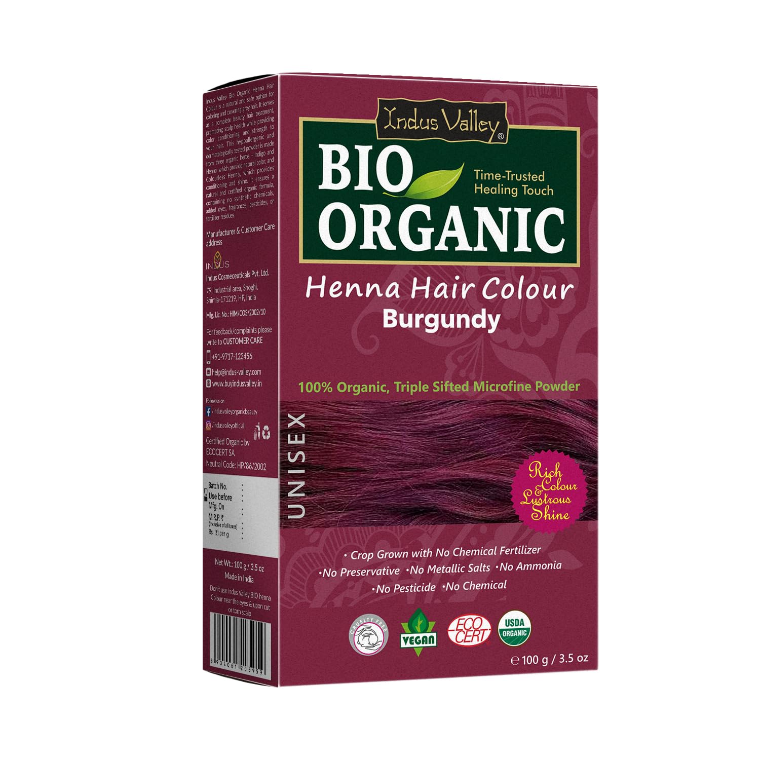 Indus Valley Bio Organic Natural Henna Hair Color Burgundy 100gm| 100% Gray Hair Coverage And Long Lasting Hair Dye | Vegan and Cruelty-Free