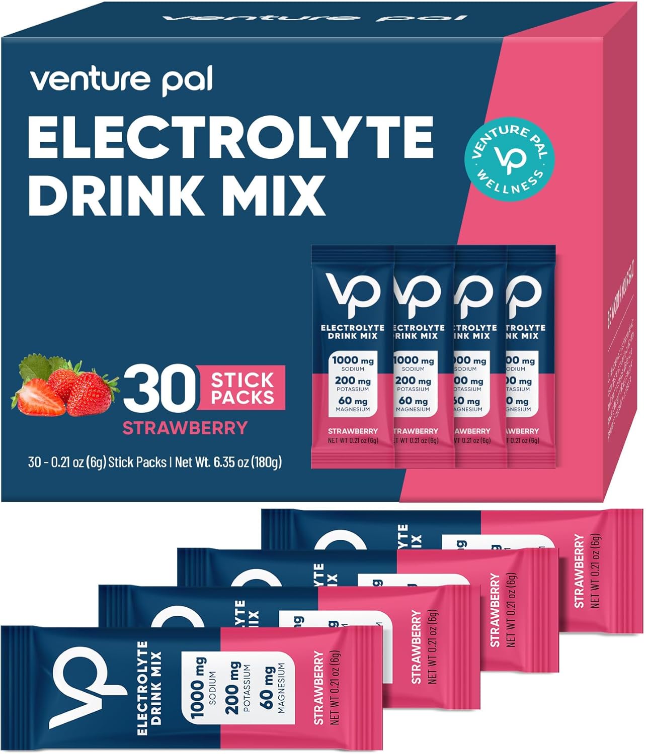 Venture Pal High Sodium Sugar Free Electrolytes Powder Packet - Hydration Packets with Sodium, Potassium & Magneisum | Zero Calories | Vegan | Keto & Paleo Friendly Electrolyte Drink Mix | 30 Stick