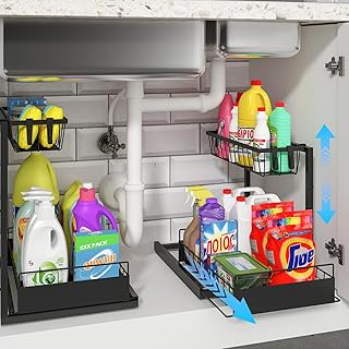 REALINN Under Sink Organizer, 2 Pack Height Adjustable Kitchen Organizers and Storage, 2 Tier Pull Out Sliding Cabinet Organizer, Multi-Use for Kitchen Bathroom Cabinet