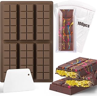 BABORUI 6 Cavities Chocolate Bar Mold Deep with 100Pcs Bags, Thick Chocolate Bar Mold for Stuffed Bar, Silicone Chocolate Mold for Filling Knafeh Pistachio Chocolate Bar(10 Snap)