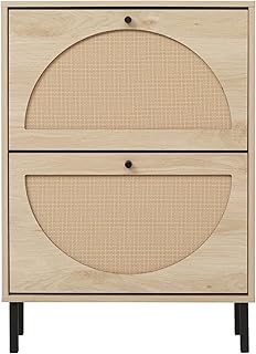 ZeHuoGe Rattan Shoe Cabinet with 2 Flip Drawers, Entrance Hallway Free Standing Shoe Racks with Metal Legs for Heels, Slippers (Natural)
