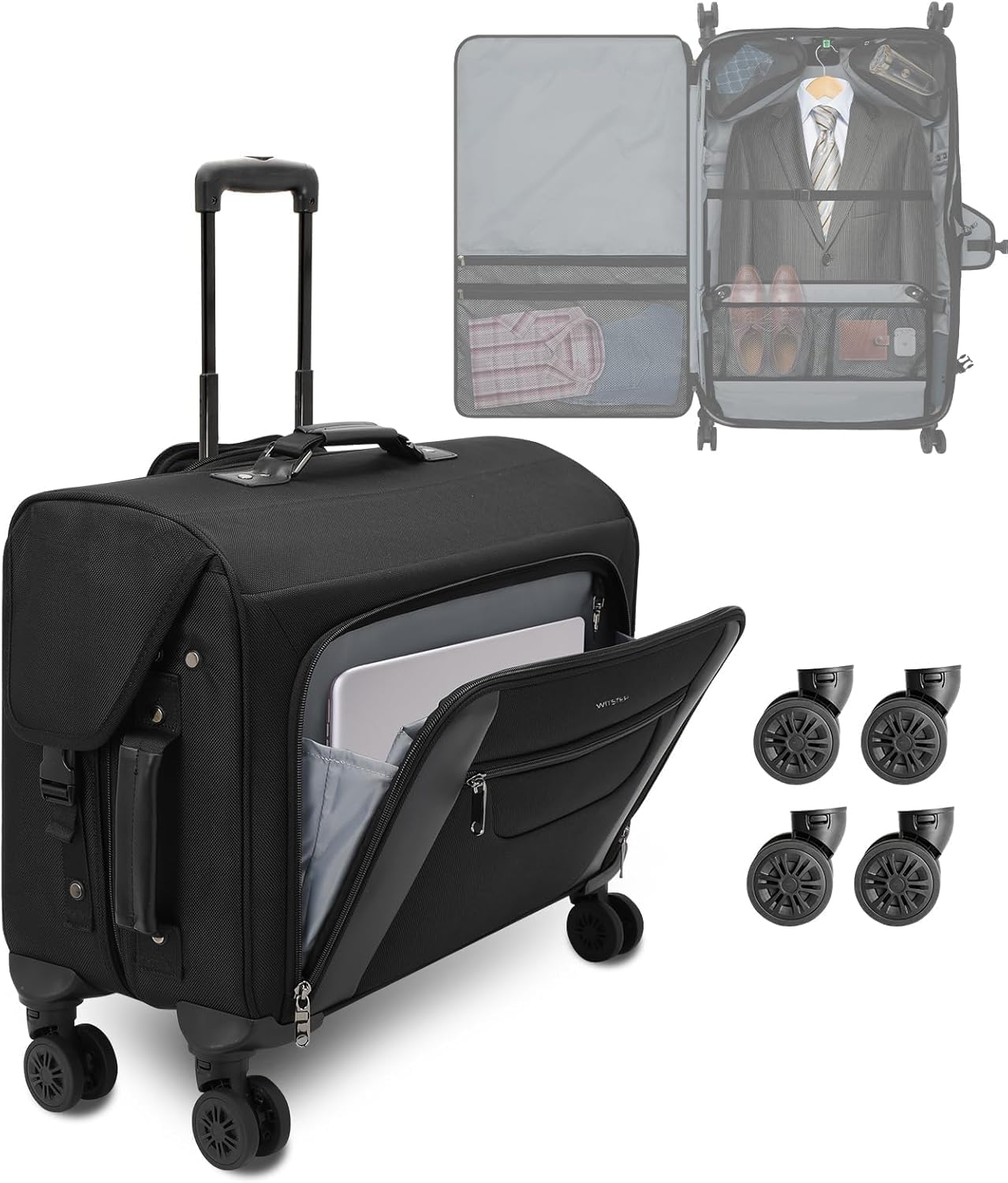 Rolling Garment Bag for Travel, Garment Bag Suitcase with 4 Detachable Spinner Wheels & Hanging Hook, Wheeled Garment Bag Suit Luggage Garment bag for Men Women (Jet Black)