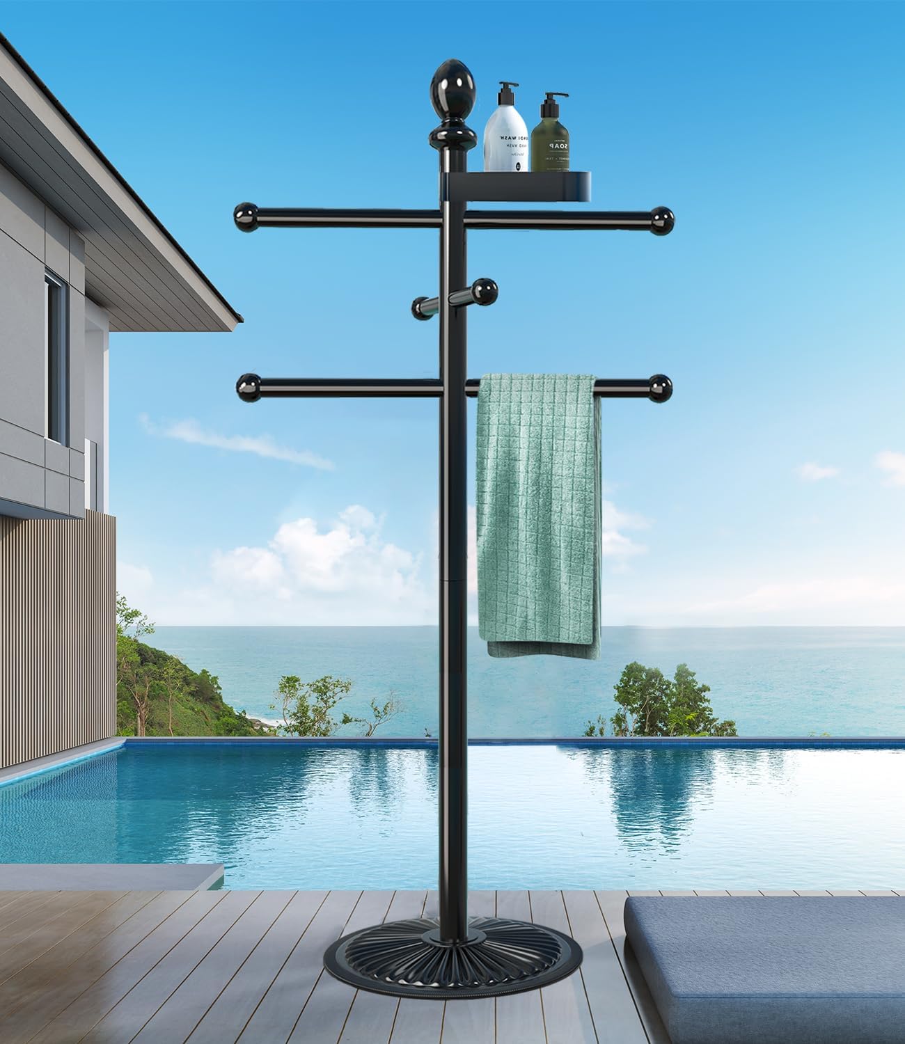 Pool Outdoor Towel Rack, 6 Bars Metal Heavy Duty Never Tilt Pool Accessories with Heavy Metal Base, Hot Tub Accessories Towel Stand Towel Dying Rack for Pool, Spa (with Lid)