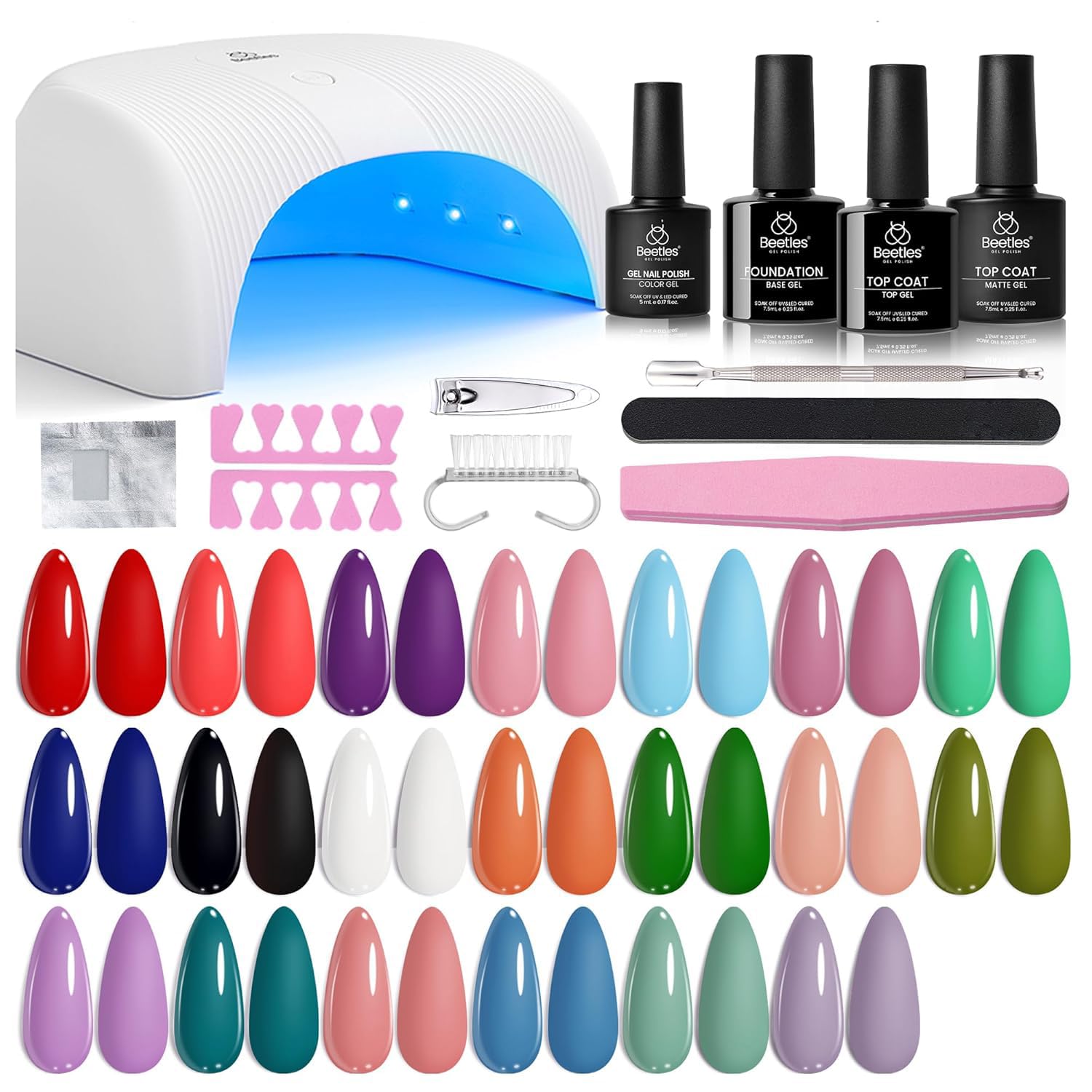 Beetles Gel Nail Polish Kit with UV Light - 31Pcs Nail Polish Set Popular Color Gel with Base and Matte&Glossy Top Coat Soak Off All Season Gel Nail Set Nail Art Gift for Women & Girls