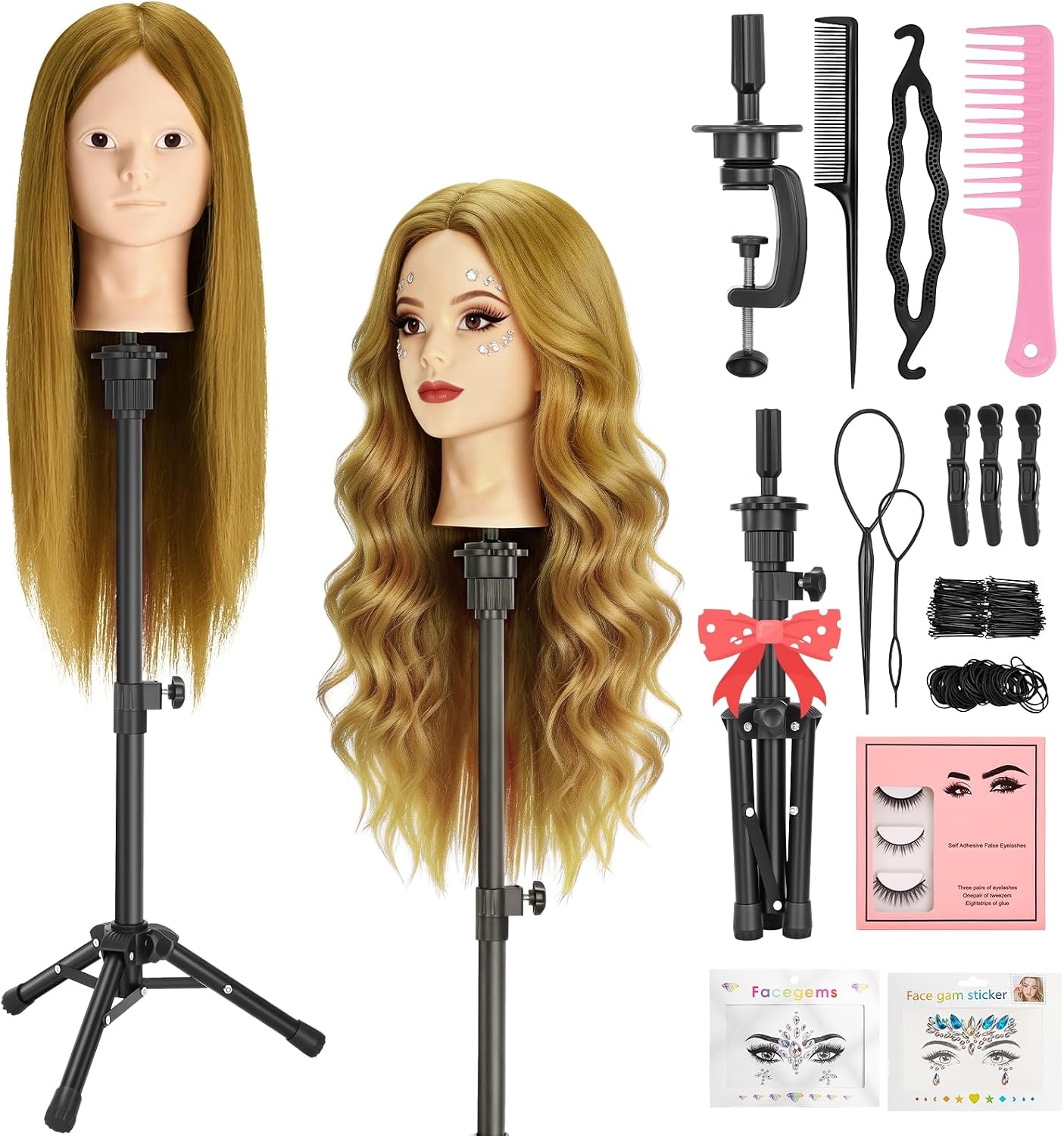 Yofuly 23" Hairdressing Head with Wig Stand Tripod, 80% Real Human Hair Training Head, Make-up Doll Head for Hair Styling, Mannequin Manikin Heads with Table Clamp + DIY Braid Set(Light Brown)