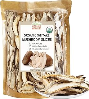 VIGOROUS MOUNTAINS Organic Shiitake Mushrooms Sliced, Great Size Fresh Texture Rehydrate Quickly, Dried Shiitake Mushrooms for Cooking Soups/Ramen/Pasta and Risotto, All Natural Vegan (8Oz)