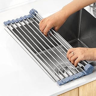 Over The Sink Dish Drying Rack, Roll Up Dish Drying Rack Kitchen Dish Rack Stainless Steel Sink Drying Rack, Foldable Dish Drainer, Gray
