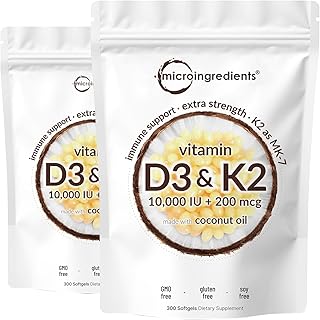 2 Pack Vitamin D3 10000 iu Plus K2 (MK-7) 200 mcg, 300 Virgin Coconut Oil Softgels | 2 in 1 Vitamins D & K Complex | Supports Calcium Absorption, Bone, Immune, & Heart Health – Easy to Swallow