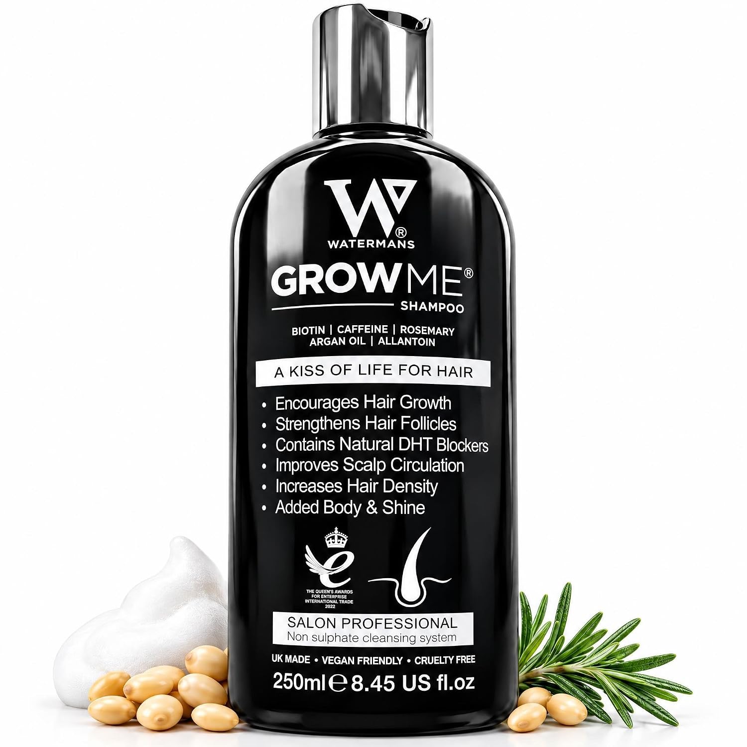 Watermans Grow Me Organic Hair Growth Shampoo for Men & Women – Strengthening & Moisturizing with Biotin, Rosemary, Caffeine & Argan Oil for Fuller, Thicker-Looking Hair (8.45 fl oz)