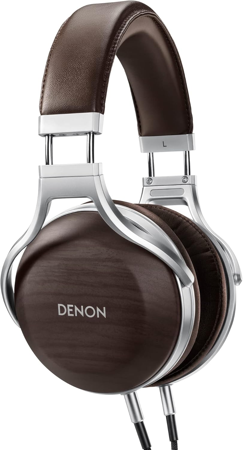 Denon AH-D5200 Premium Over-Ear Headphones, Hi-Fi, Hi-Res Audio, 50mm FreeEdge Drivers, Zebra Wood Earcups - Brown