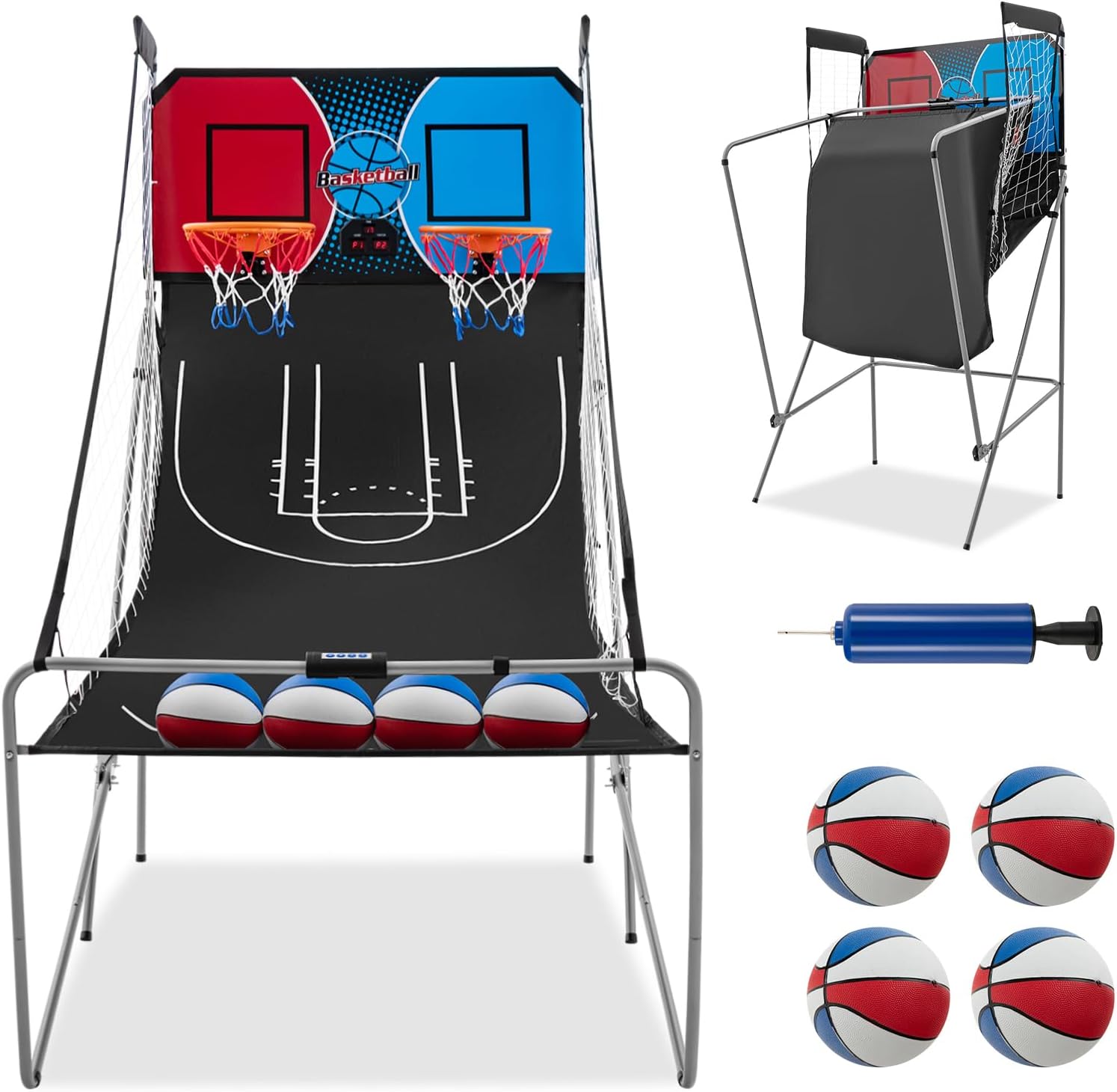 GYMAX Arcade Basketball Game Indoor Foldable with 8 Game Modes, Arcade Sound, 4 Balls and Inflation Pump, Electronic Basketball Games for All Ages Home