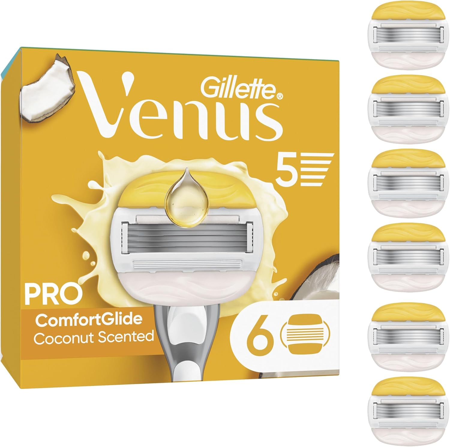 Gillette Venus Pro ComfortGlide Coconut Scented Women’s Blades with Olay Moisturiser, 6 Refill Razor Cartridges, Reusable Metal Handle and Shower Holder