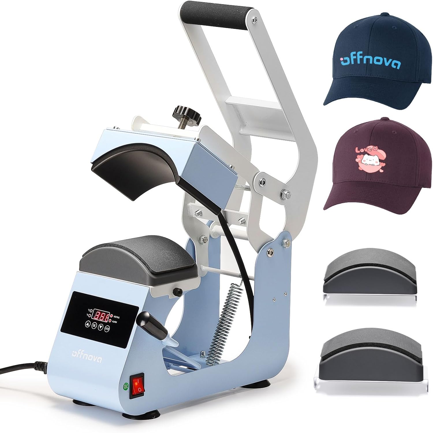 OFFNOVA Hat Heat Press Machine for Caps with 2 Interchangeable Platens, Temp & Time Control with Auto Countdown, Efficient Heat Transfer for HTV Iron On and Sublimation Projects (Handle-Blue)