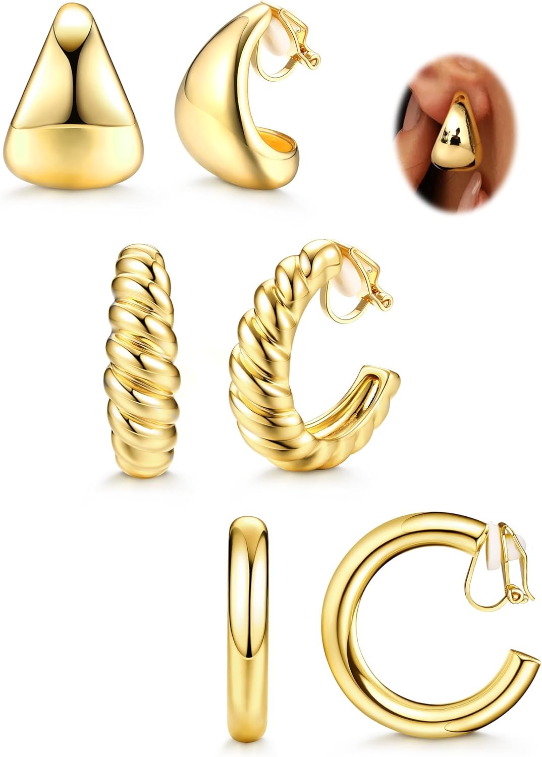 BESTEEL Gold Clip on Earrings Women - Hypoallergenic Non Pierced Earrings for Sensitive Ears Chunky Tube Croissant Waterdrop Clip-on Hoop Earings Set Fake Wedding Party Jewelry Gift Silver 3 Pairs