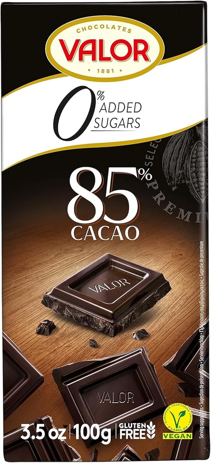 Valor Sugar Free Dark Chocolate Bar - Dark Diabetic Chocolate - Intense Smooth Sugar free made with 85% Cacao, Sweetened with Stevia, Gluten Free, Vegan, by Master Chocolatiers, 100g Bar