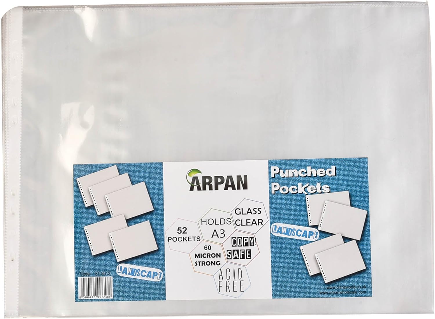 Punch Pockets A3 Size Landscape Acid Free 60 Micron Strong Glass Clear Plastic Poly Pockets Wallet Sleeves (Pack of 52)