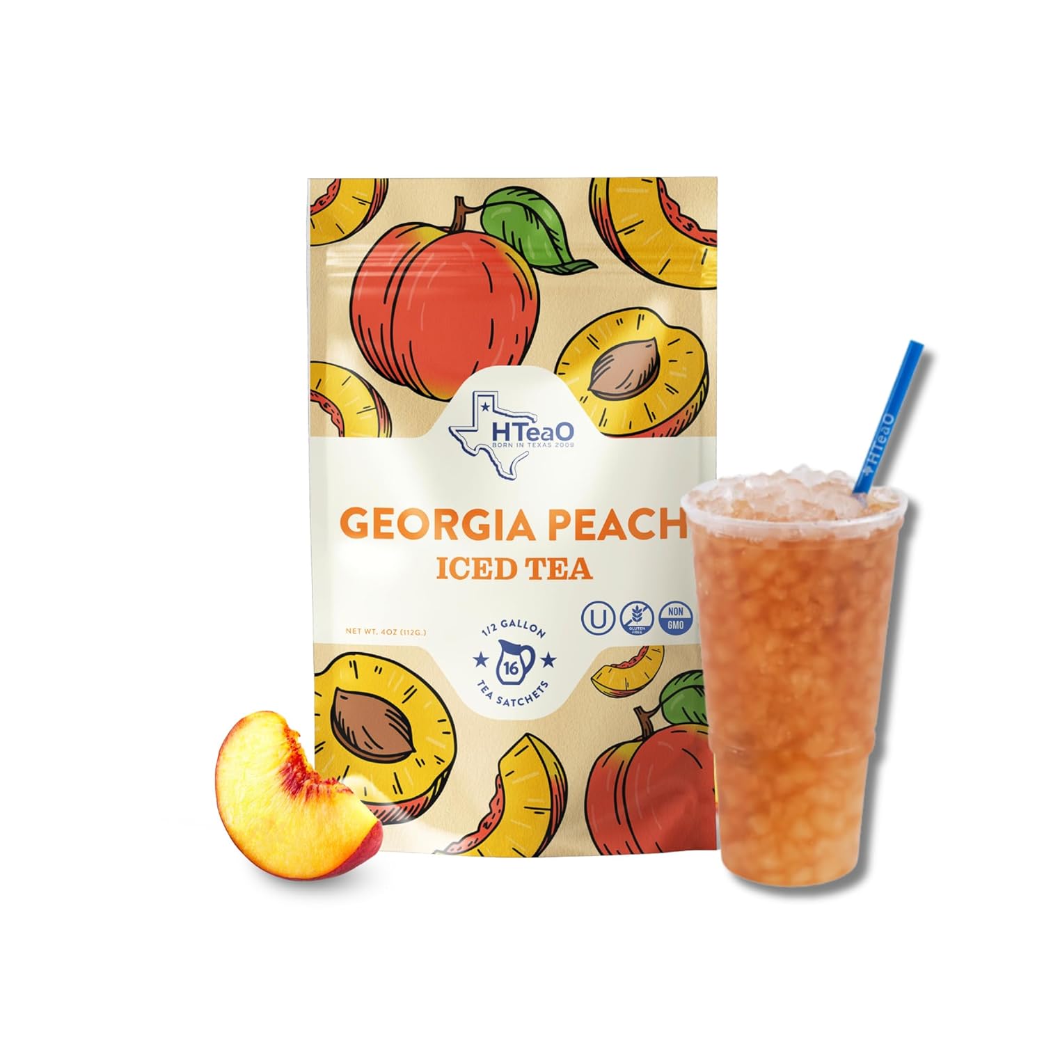 HTeaO Georgia Peach Black Tea – Texas-Style Flavored Iced Tea Bags for Summer – Instant Ice Tea Packets for Quick Brew - Loaded Tea Sachets Ready in 5 Minutes (8-Count, Makes 4 Gallons Total)