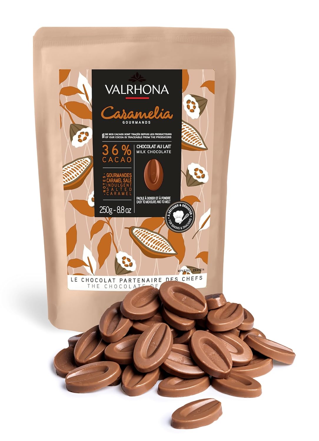 Valrhona Premium French Baking Milk Chocolate Discs (Feves). CARAMELIA 36% Cacao. Creamy, Caramel, Salted Butter Notes. Easy Melt-Tempering. Milky, Balanced. Luscious Frosting, Sauces 250g (Pack of 1)