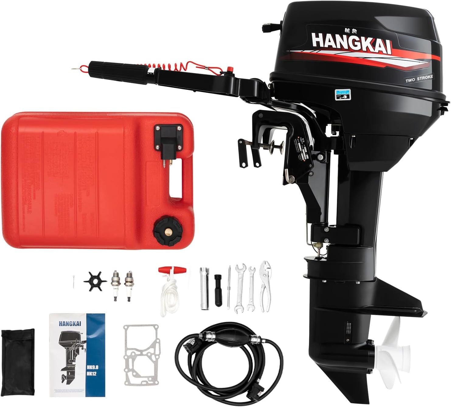 HANGKAI 12HP 2 Stroke Outboard Motor, 169CC Heavy Duty Short Shaft Fishing Boat Engine w/Water Cooling System & CDI Ignition System Gas Powered Fishing Boat Motor for Aquaculture Outdoor