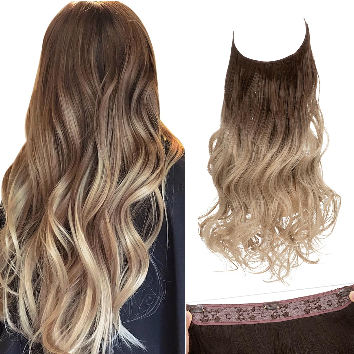 SARLA Ombre Invisible Wire Hair Extensions with 3 Clips Long Synthetic Wavy Curly Hairpiece Adjustable Transparent Headband for Women 22 Inch Brown to Ash Blonde