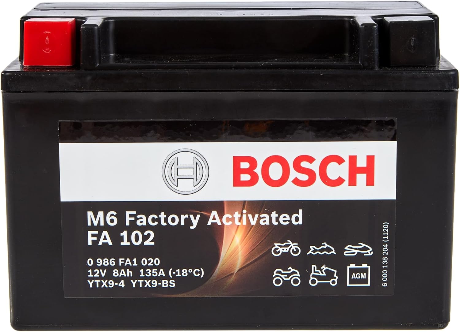 Bosch FA102 - AGM Motorcycle Battery - 12V 120A 8Ah - Suitable for Motorcycles, Motorbikes, Enduros, Scooters, Quads, Jet Skis - Compatible M6010, BTX9-BS, BTX9