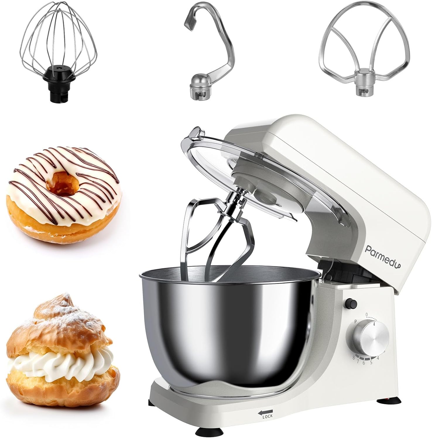 Electric Kitchen Stand Mixer: 380W 8-Speed Tilt-Head Household Food Mixer - 4.75-Qt 304 Stainless Steel Bowl with Cover & Egg Whisk & Dishwasher Safe Dough Hook & Flat Beater, Beige