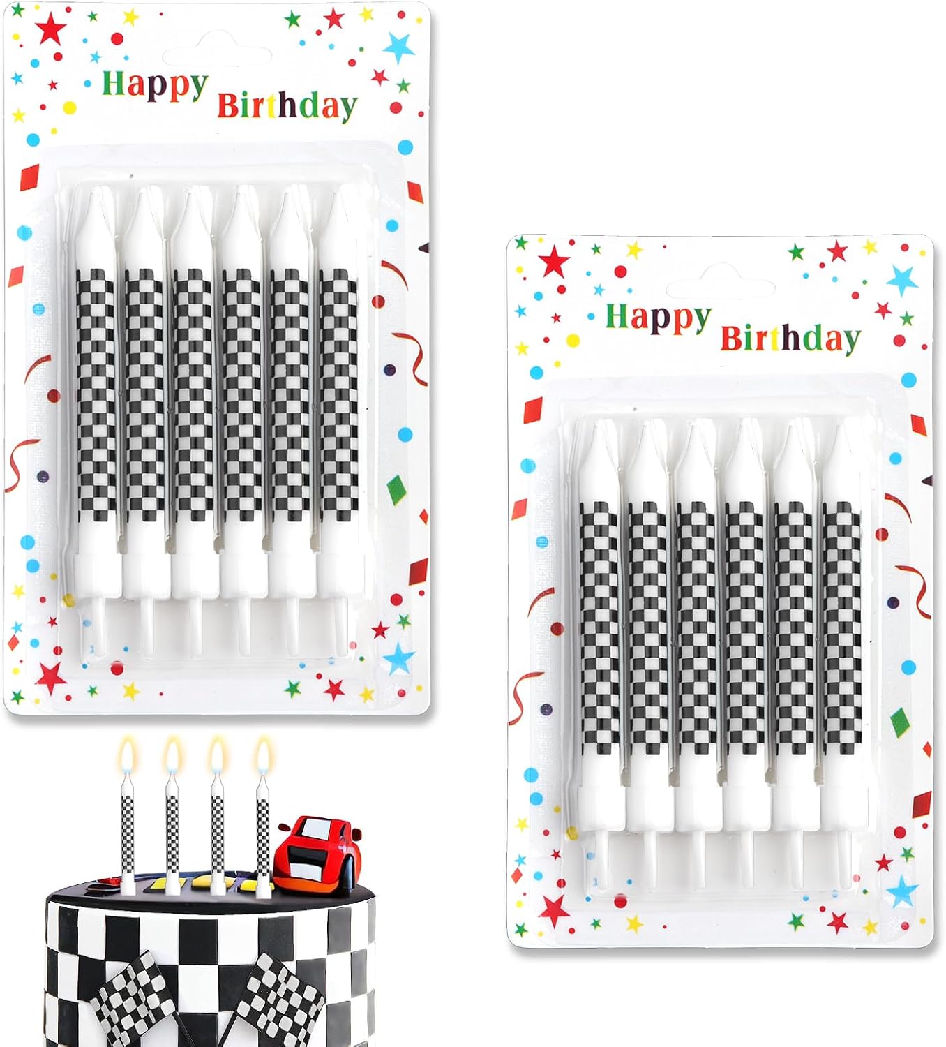 IBEIKE Black and White Checkered Birthday Cake Candles - 12 Pcs Racing Cars Themed Birthday Candles, Race Car Cake Toppers Sign for Race Car Party Supplies Sport Events Decoration Car Birthday Party