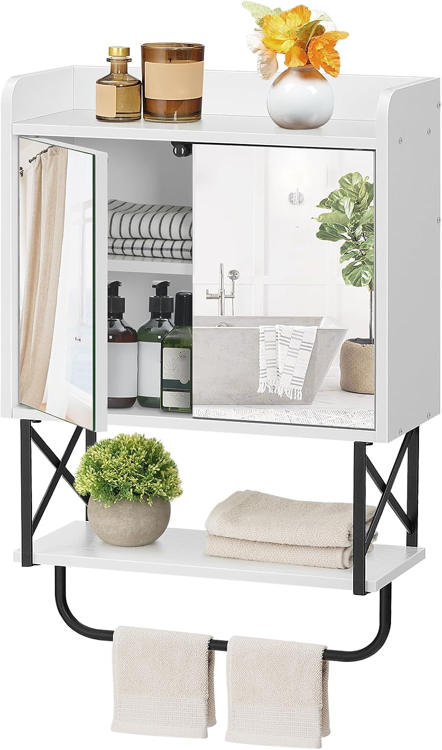 HOOBRO Medicine Wall Cabinet with Mirror, Bathroom Storage Cabinet with Hidden Space and Towel Bar, Double Mirrored Doors, Detachable Shelf, for Bathroom, Living Room, White BW41CW01