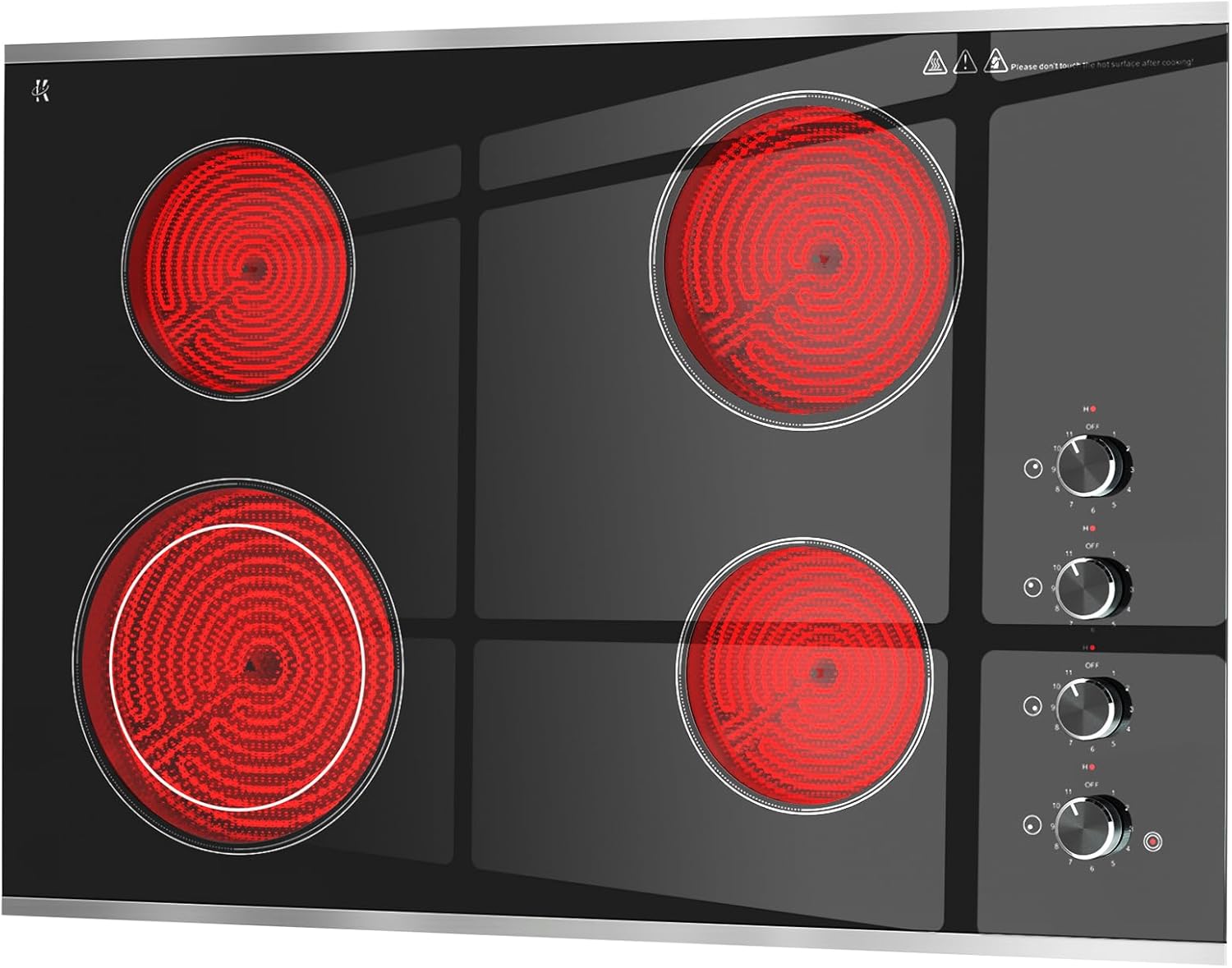 Electric Cooktop 30 inch 4 Burner, 6700W Built-in Radiant Electric Stove Top with Knob Control, Electric Ceramic Stove Cooktop with 11 Level Power Adjustable, 220-240V, Hard Wire