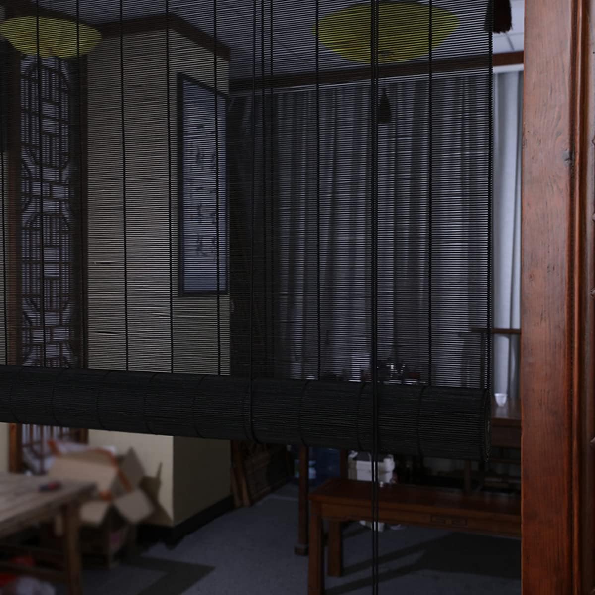 FENGSHOUU Black Bamboo Roller Blind, Wooden Roller Blind, Bamboo Screen, Separation Room, Curtain, Privacy Blind, Blackout Roller Blind, Window Blind, Roman Blind with Side Pull, Made to Measure (W 60