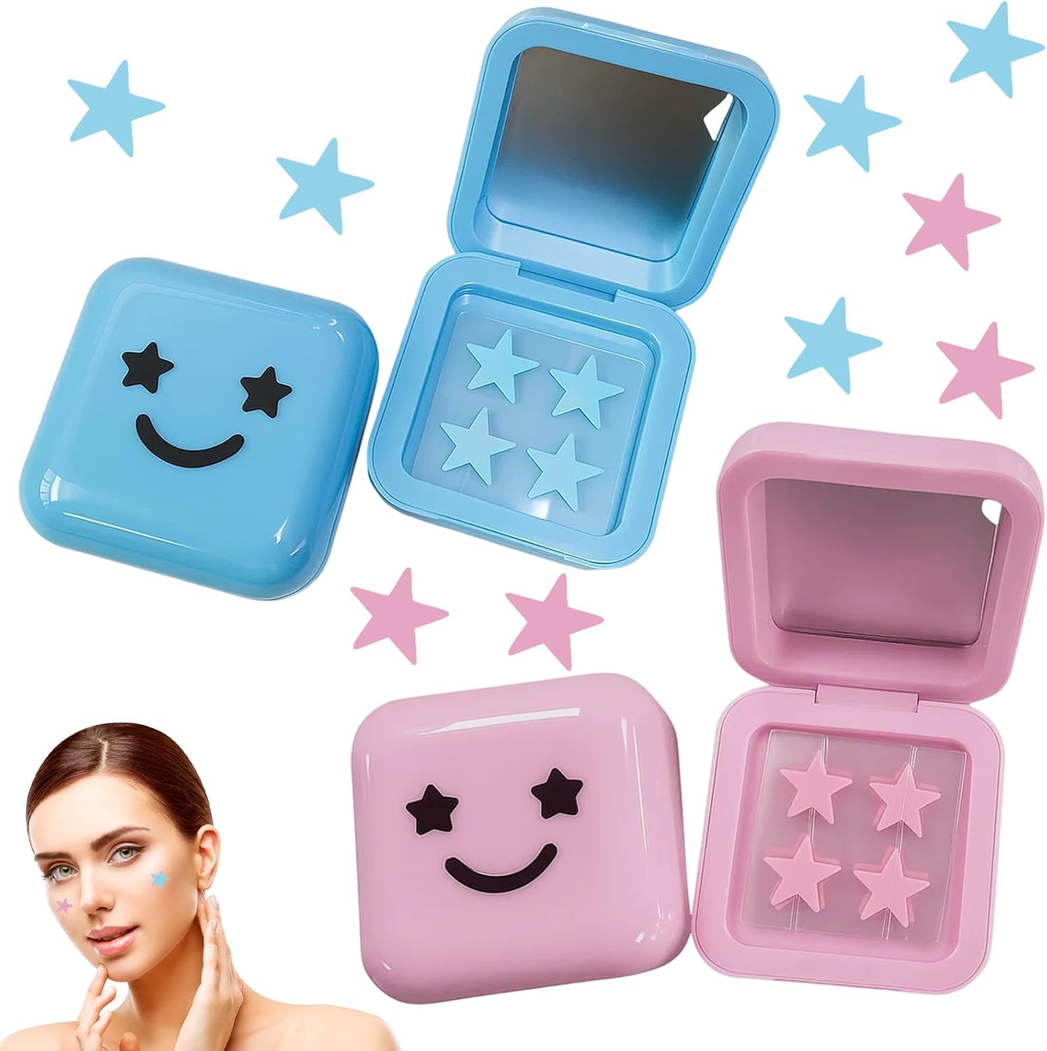 Star Face Pimple Patches,64PCS Cute Star Spot Patches, Hydrocolloid Acne Cover for Face and Skin, Fun Skincare Essentials for Teens and Young,Fun Additives of The Makeup Party（Blue, Pink）