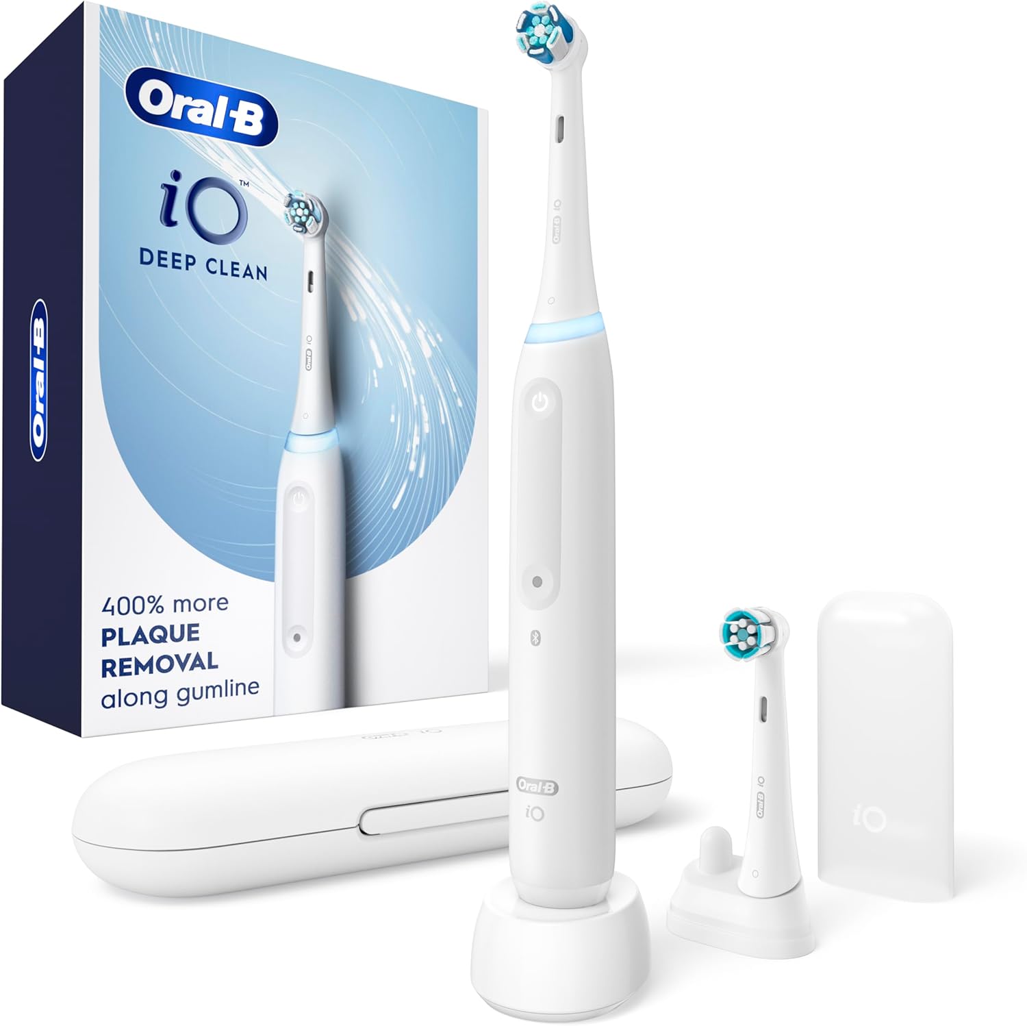 Oral-B iO Deep Clean Rechargeable Electric Powered Toothbrush, White with iO Series 3 Limited, 2 Brush Heads and Travel Case - Pressure Sensor to Protect Gums - 3 Cleaning Settings - 2 Minute Timer
