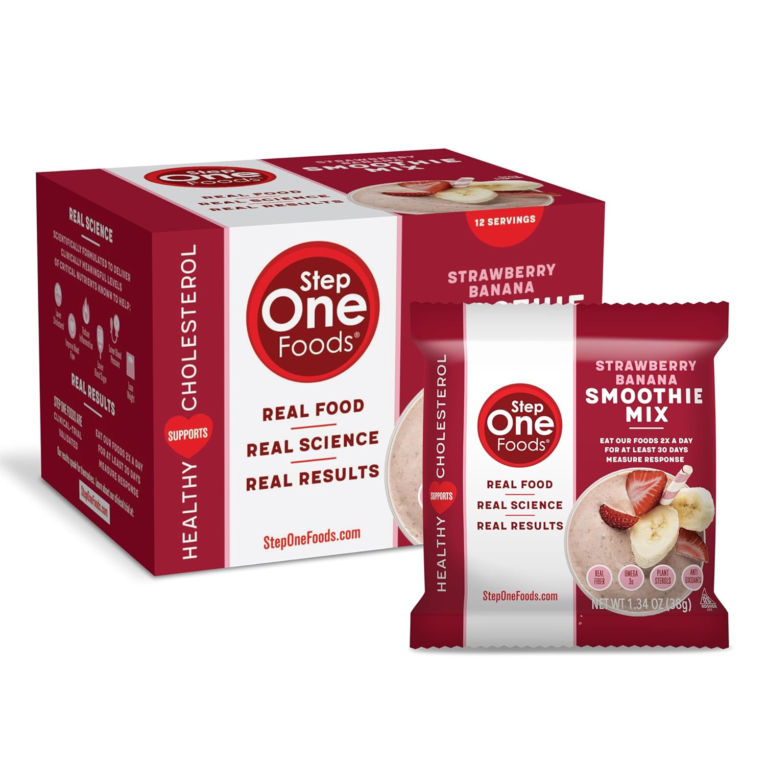 Step One Foods Strawberry Banana Smoothie Mix, Heart Healthy Snack Plant Sterols, Omega 3's and Dietary Fiber Gluten Free Vegan Non-GMO, Individual Packs (12 Pack)