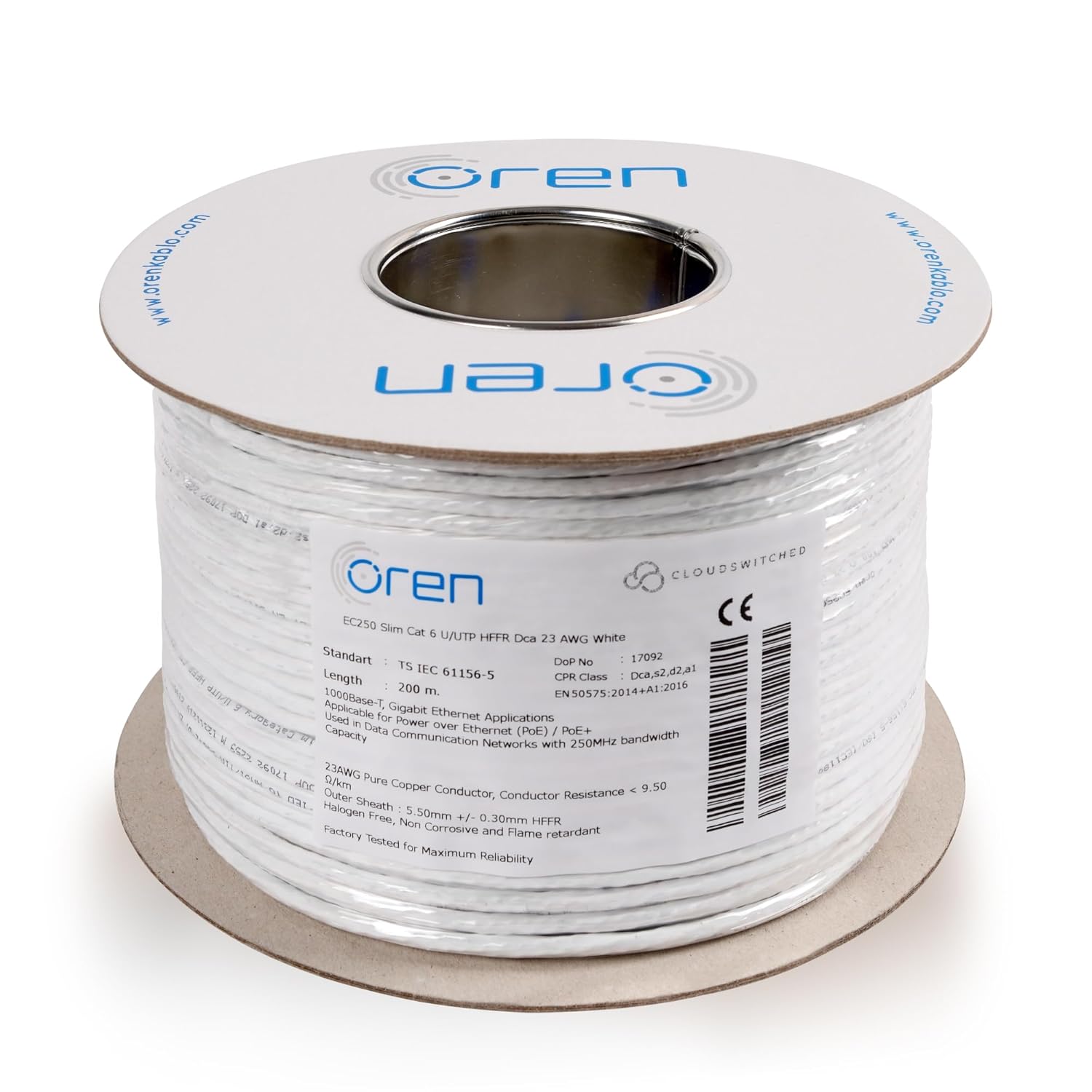 Oren CAT6 200m Ethernet Cable White - Slim - 23 AWG Pure Copper Wire - 250 MHz Bandwidth UTP Internet LAN Network Cable - Halogen Free, Non-Corrosive - Gigabit High Speed Ethernet Cable